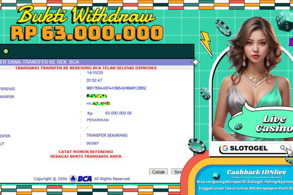 Bukti JP LIVE CASINO SLOTOGEL 14 OKTOBER 2025 Rp 63.000.000,- LUNAS